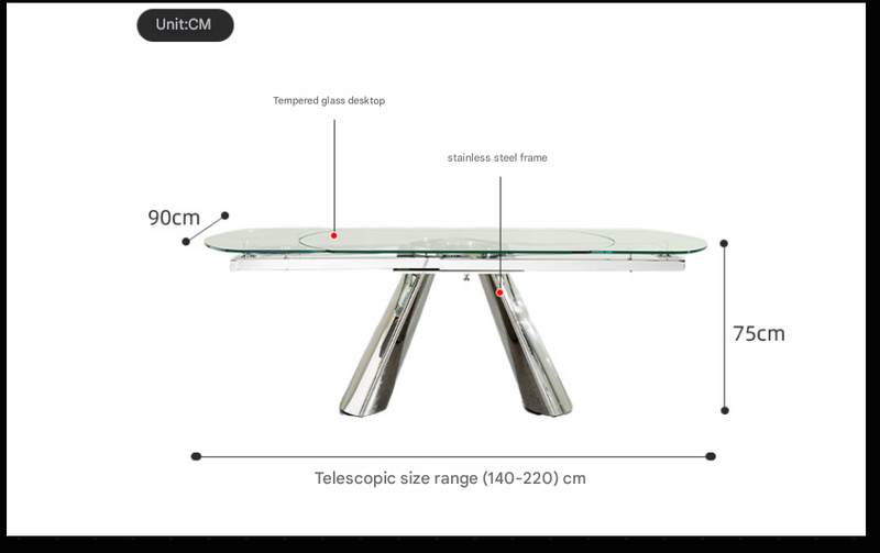 Modern Glass Dining Table – Rotating Extendable Design with Stainless Steel Base