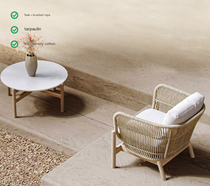 Nordic Teak Rope Outdoor Sofa Set – Waterproof Courtyard Seating with Coffee Table