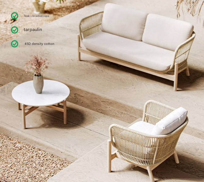 Nordic Teak Rope Outdoor Sofa Set – Waterproof Courtyard Seating with Coffee Table