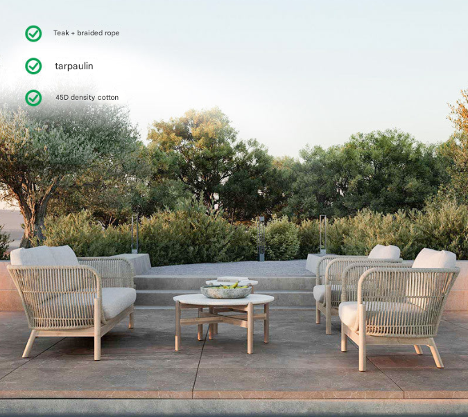 Nordic Teak Rope Outdoor Sofa Set – Waterproof Courtyard Seating with Coffee Table