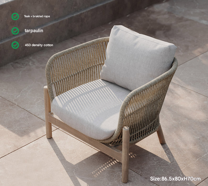 Nordic Teak Rope Outdoor Sofa Set – Waterproof Courtyard Seating with Coffee Table