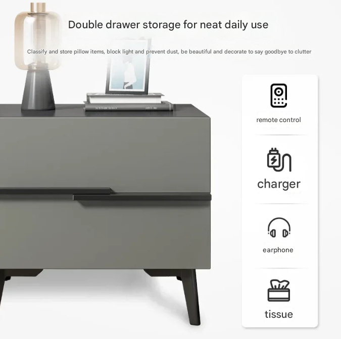 Cream Minimalist MDF Bedside Table – Dual-Drawer Nightstand with Horizontal Black Handle