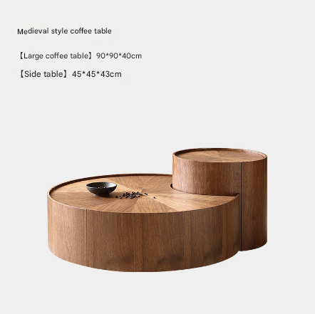 Rotating Solid Wood Coffee Table Set – Medieval Walnut Design with Hidden Storage