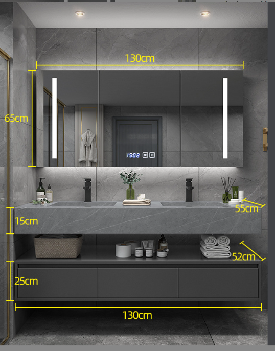 Double Rock-Slab Wall Vanity with Smart Mirror