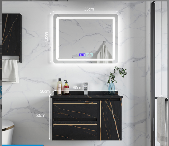 Smart Black Rock Slab Bathroom Vanity – LED Mirror & Wall Storage
