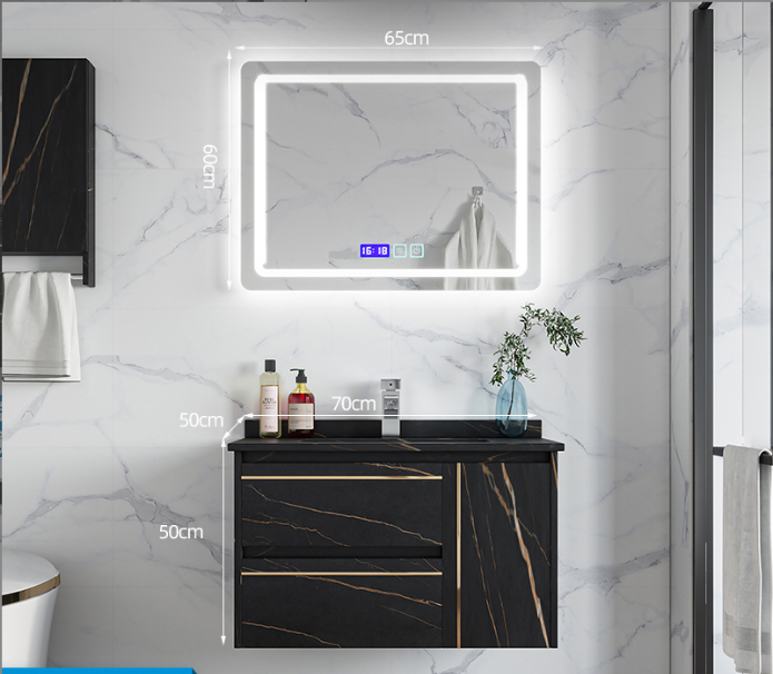 Smart Black Rock Slab Bathroom Vanity – LED Mirror & Wall Storage