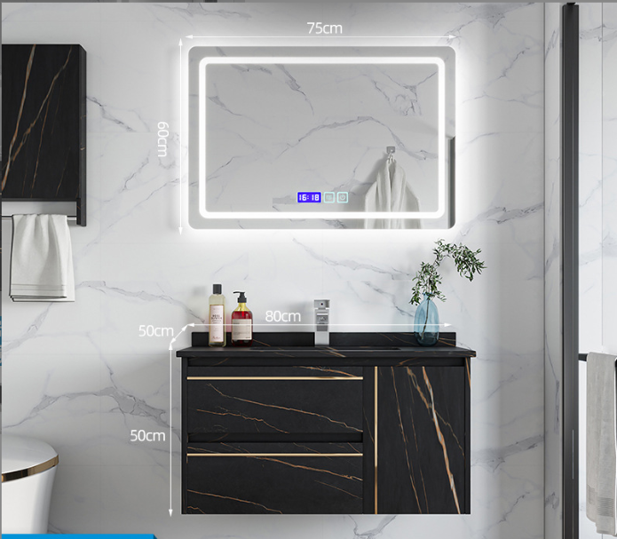 Smart Black Rock Slab Bathroom Vanity – LED Mirror & Wall Storage