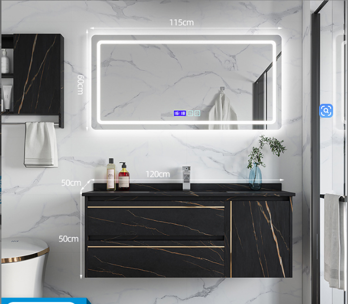 Smart Black Rock Slab Bathroom Vanity – LED Mirror & Wall Storage
