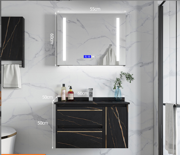 Smart Black Rock Slab Bathroom Vanity – LED Mirror & Wall Storage