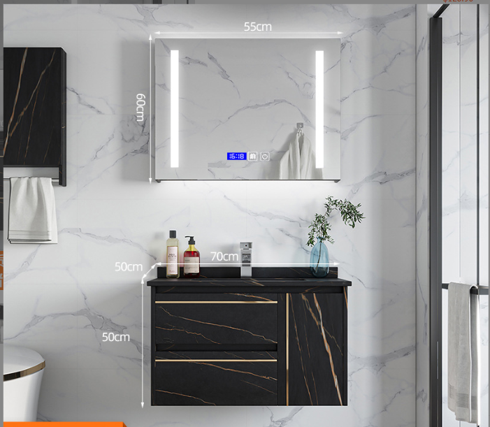 Smart Black Rock Slab Bathroom Vanity – LED Mirror & Wall Storage