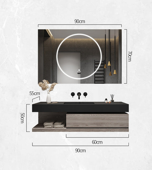 Wall-mounted dark wood vanity with LED smart mirror front view.