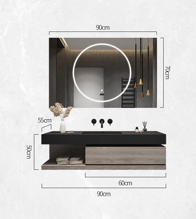 Wall-mounted dark wood vanity with LED smart mirror front view.